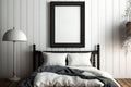 Frame mockup in interior. Cozy bedroom with empty poster frame Royalty Free Stock Photo