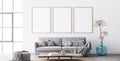 Frame mockup in interior living room design. Three vertical frames on white background with big window. Royalty Free Stock Photo