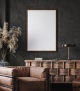 Frame mockup in modern industrial interior with leather furniture, luxury office