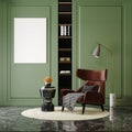 Frame mockup in modern living room design brown Armchair with green minimal background - 3d render