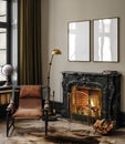 Frame mockup in modern loft interior with burning fireplace