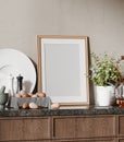 Frame Mockup in Modern Minimalist Kitchen Interior Background â 3d Render Royalty Free Stock Photo