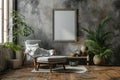 Frame mockup picture on concrete grungy wall in living room, front view. Minimalist interior with wood floor, poster, armchair and Royalty Free Stock Photo