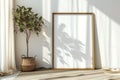 Frame mockup picture on floor with rug against white wall, detail of modern minimalist room interior with blank poster and plant.