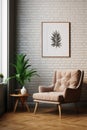 Frame mockup picture in home interior, armchair against brick wall