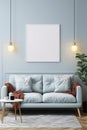 Frame mockup picture on light blue wall above couch, front view. Minimalist interior with blank white image. Concept of mock up,