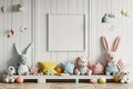 Frame mockup picture on white wall in children`s room, Scandinavian minimalist style. Modern kids home interior with blank poster Royalty Free Stock Photo
