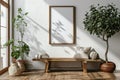 Frame mockup picture on white wall in living room, front view. Minimalist Scandinavian interior with wood floor, blank poster and Royalty Free Stock Photo