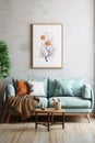 Frame mockup picture on white wall in living room, front view. Modern minimalist interior with light blue couch, poster and plant Royalty Free Stock Photo