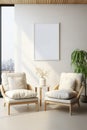 Frame mockup poster in home interior, armchairs against white wall