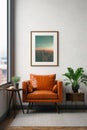Frame mockup poster on white wall near window, home interior design