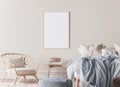 Frame mockup in Scandinavian bedroom design, wooden bed, blue plaid, and rattan armchair.