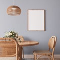 Frame mockup in Scandinavian wooden dining room, minimal bright design on beige interior background