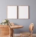 Frame mockup in Scandinavian wooden dining room, minimal bright design on beige interior background