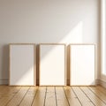 3 frame mockup standing on a wooden floor, frame mockups for posters, wall art display, 3d rendering Royalty Free Stock Photo