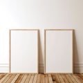 2 frame mockup standing on a wooden floor, frame mockups for posters, wall art display, 3d rendering Royalty Free Stock Photo