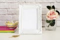 Frame Mockup. White Frame Mock up. White Picture Frame with Single Flower Rose. Product Frame Mockup. Royalty Free Stock Photo