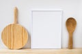 Frame mockup, wood cutting board and spoon on white background, product marketing