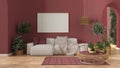 Frame mockup, wooden nordic living room in red tones with parquet and arched walls, sofa, carpet, lamp, rattan table, potted Royalty Free Stock Photo