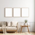 Frame model standing on the wall in a set of 3 in the living room, white house interior design, 3d rendering, scandinavian style