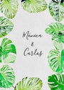 frame of monstera or ceriman leaves painted in watercolor on white textured paper background. watercolor tropical leaves frame Royalty Free Stock Photo