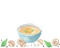 Frame from mushroom puree soup with champignon, basil and pepper. Hand drawn watercolor illustration on white background. Template