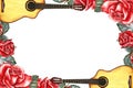 The frame is musical with guitars and red roses. The watercolor illustration is hand-drawn. For posters, flyers and