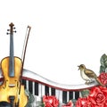 The frame is musical with a violin, piano keys, roses and a nightingale. The watercolor illustration is hand-drawn. For Royalty Free Stock Photo