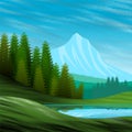 Frame with nordic landscape, with mountains and pine trees. Illustration.