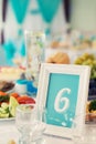 Frame with number on a table of food at restaurant