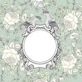 Frame over flower background. Veniette border with bird. Decorative card with floral pattern. Royalty Free Stock Photo