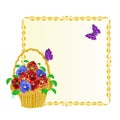 Frame with Pansies spring flowers in a basket with butterfly vintage vector