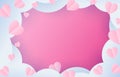 Frame paper cut elements in shape of heart flying on pink and sweet background for Happy Valentines Day. Royalty Free Stock Photo