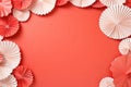 Frame Of Paper Fans On Coral Color Background, Empty Space. Generative AI Royalty Free Stock Photo