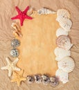 Frame from paper, starfishes and cockleshells Royalty Free Stock Photo