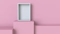 Frame with pastel pink cube podium on blank wall background. 3D rendering.