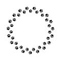 Frame paw pattern. Cute circle border dog or cat. Black footprint boarder isolated on white background. Mark animal frames. Silhou