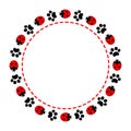 Round frame with paw prints and ladybugs Royalty Free Stock Photo