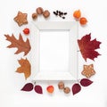 Frame for a photo or picture surrounded by autumn leaves, berries, fruits