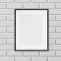 Frame for picture, photo on brick wall realistic blank template. Passepartout vertical empty mock up.