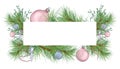 Frame of pine branch with Christmas balls, mistletoe digital watercolor style illustration isolated on white. Xmas tree Royalty Free Stock Photo