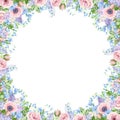 Frame with pink, blue and purple flowers. Vector illustration.