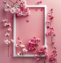 Frame With Pink Flowers and Hearts on Pink Background Royalty Free Stock Photo