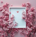 Frame With Pink Flowers and Hearts on Pink Background Royalty Free Stock Photo