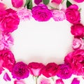 Frame of pink flowers on white background. Floral composition. Flat lay, top view. Royalty Free Stock Photo