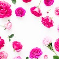 Frame of pink roses, petals and peonies on white background. Flat lay, Top view. Flowers texture Royalty Free Stock Photo