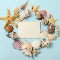 Frame of Plenty different seashells on a blue background. Seaside themed backdrop for travel agency template advertising Royalty Free Stock Photo