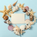 Frame of Plenty different seashells on a blue background. Seaside themed backdrop for travel agency template advertising