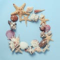 Frame of Plenty different seashells on a blue background. Seaside themed backdrop for travel agency template advertising