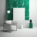 Frame poster mockup in home interior, emerald lights and marble cubes AI Generaion